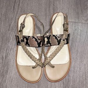 COLE HAAN GRAND Leather Braided Nude Taupe Snake Skin Print Sandals